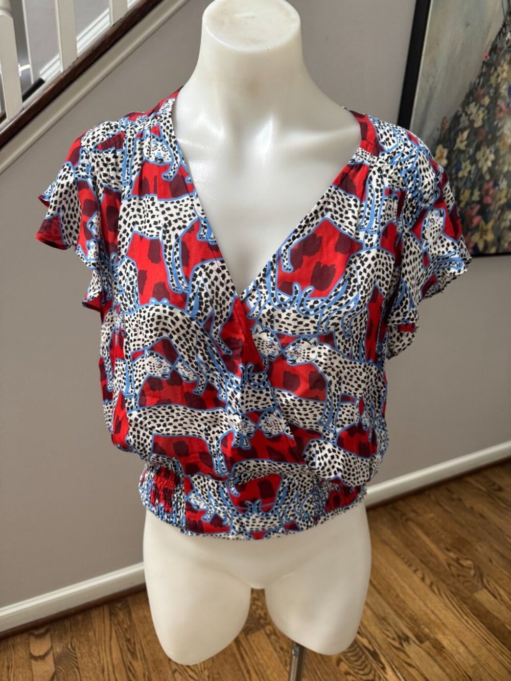 PARKER Silk Blend Floral Cheetah Print Wrap Top Blouse Small